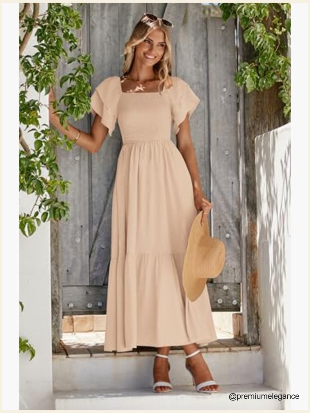 Summer Midi Dress Square Neck Ruffle Sleeve Smocked Waist A-Line Wedding Guest - Picture 3 of 7